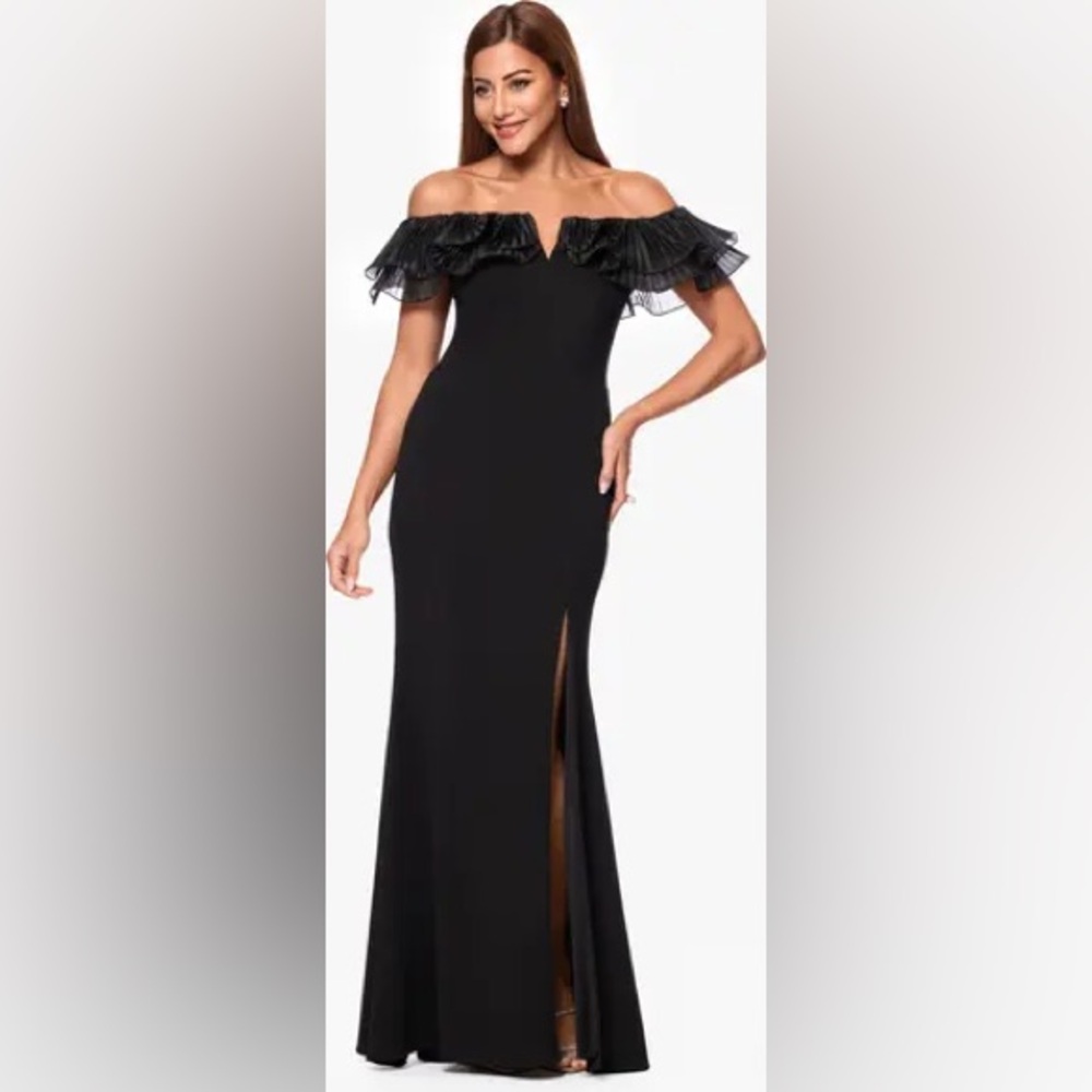 Xscape Elegant Black Maxi Dress with Ruffle Detail